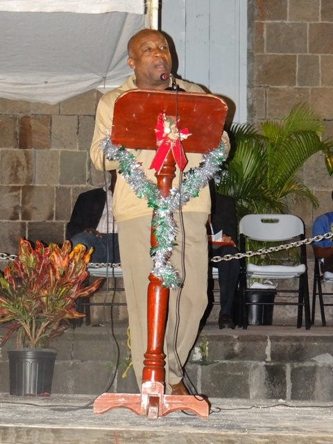 Advisor to the Premier of Nevis Mr. Hensley Daniel delivering remarks at the Christmas Tree Lighting Ceremony at the Memorial Square in Charlestown on December 10, 2012